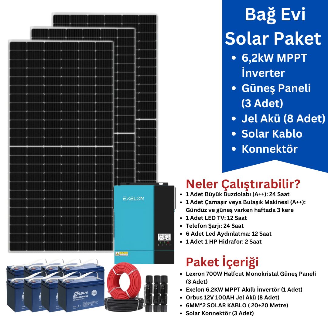 Bağ Evi Güneş Enerjisi Paketi - 6,2kW İnverter + 3x700W Panel